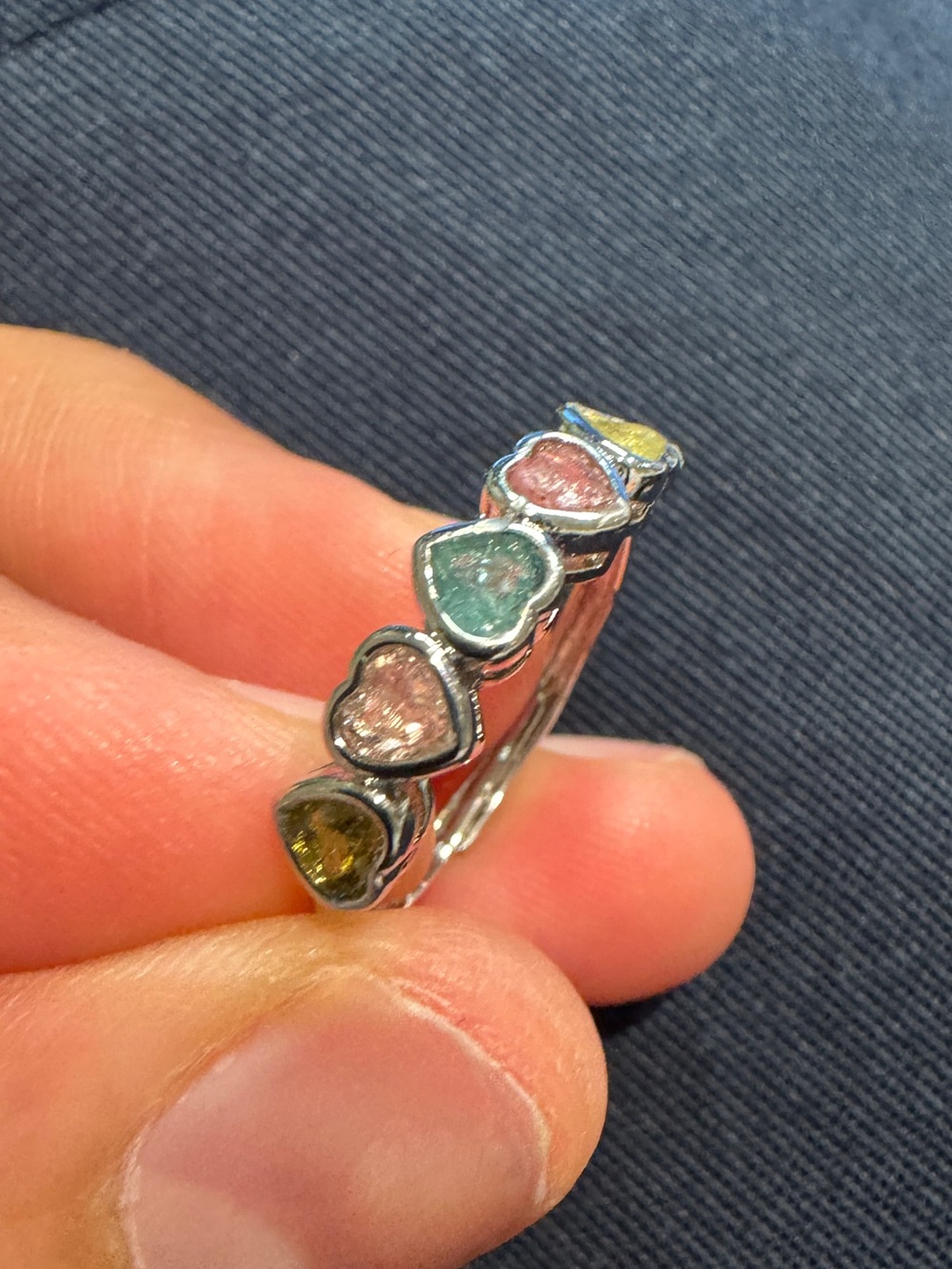 Tourmaline Natural Crystal Multicolor Stone Band Ring Adjustable size